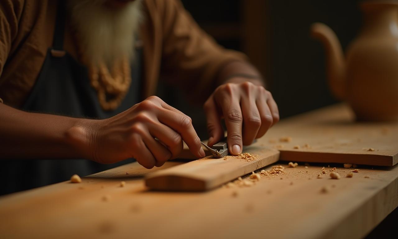Skilled artisan working on a wooden furniture piece, meticulously shaping timber with traditional tools.